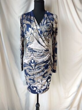 Jennifer Lopez Navy and Cream Printed Wrap-Style Long Sleeve Dress